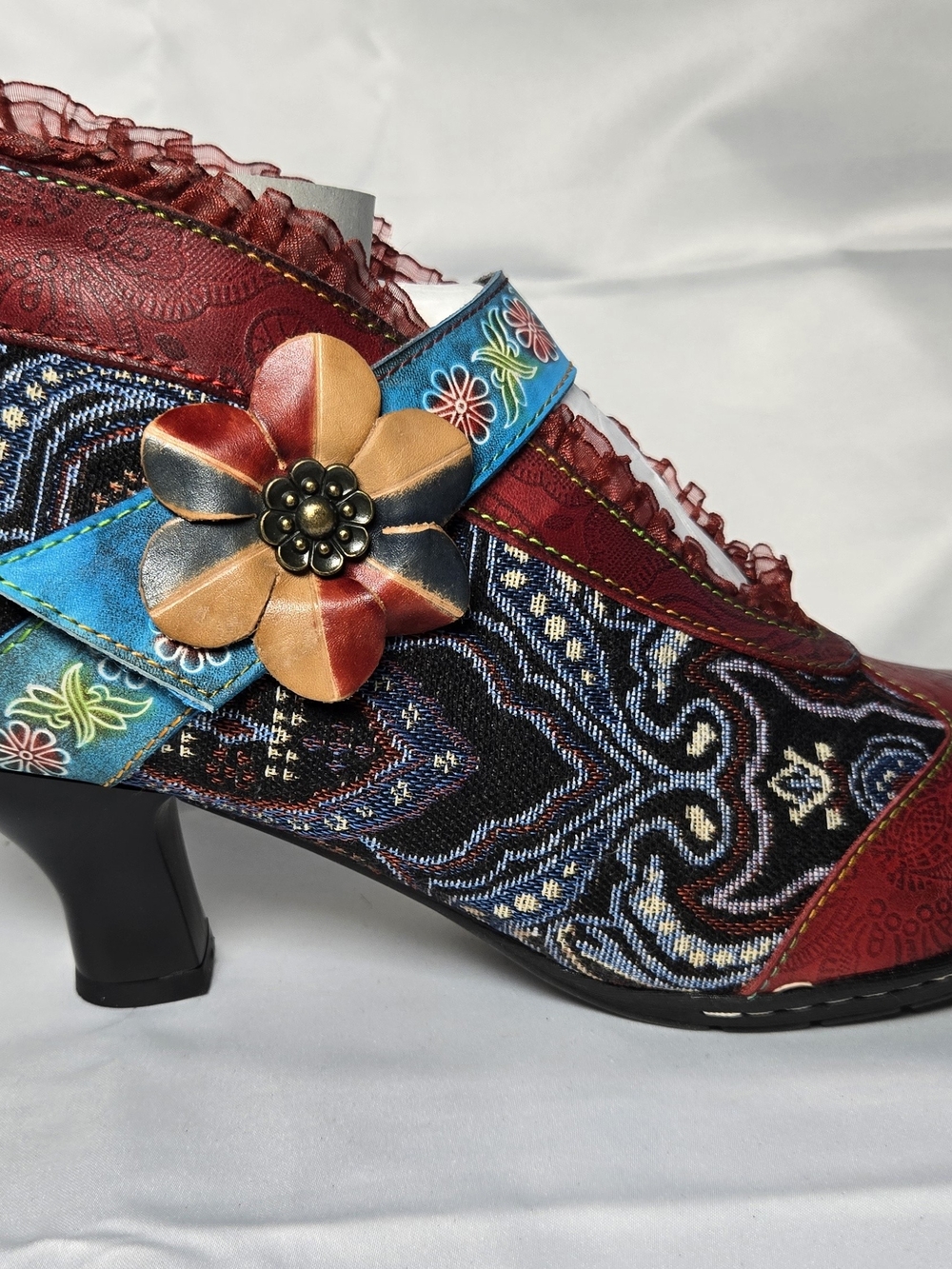 Socofy Red Ruffle Tapestry Leather Mary Jane Ankle Boots Heels NEW